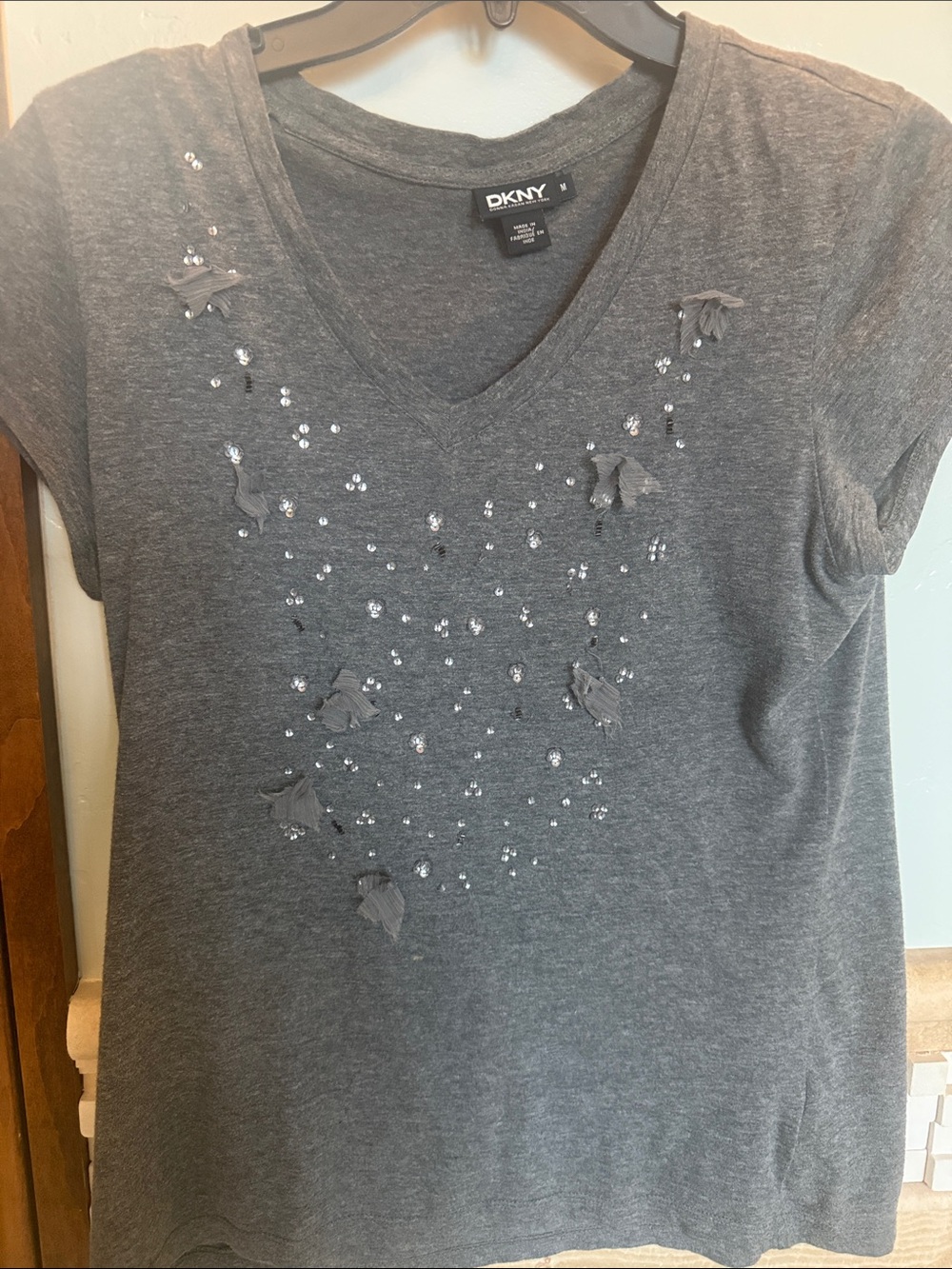 DKNY Gray V-Neck Tee with Sequin & Tassel Details